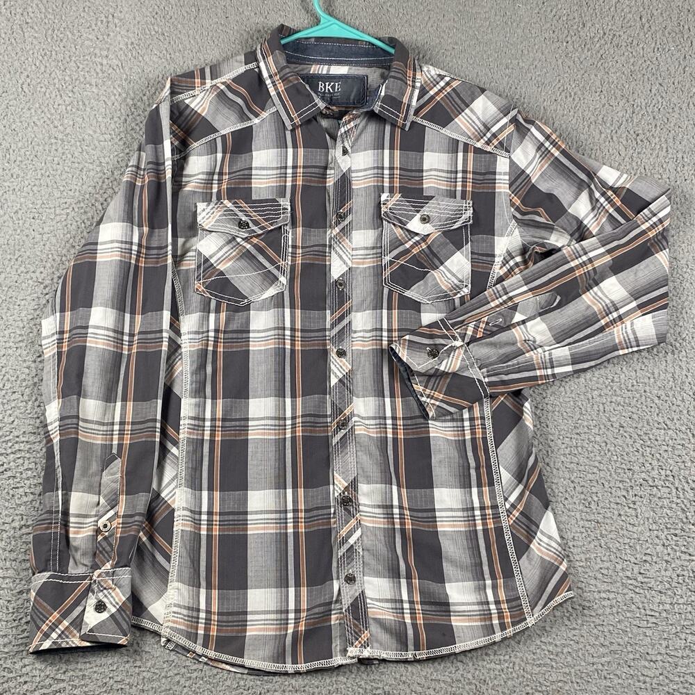 BKE Men's Plaid Casual Button Down Shirt - Black, White, Brown